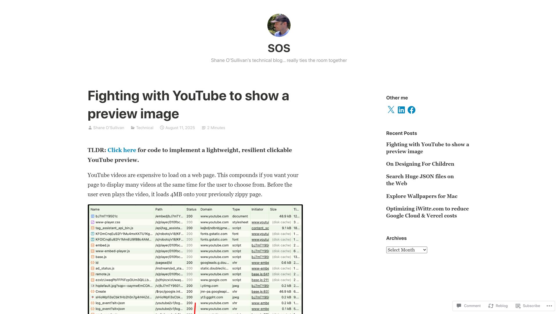Screenshot of shaneosullivan.wordpress.com: Fighting with YouTube to show a preview image