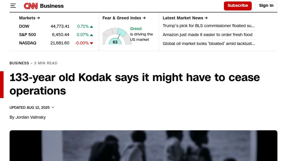 Screenshot of cnn.com: Kodak says it might have to cease operations