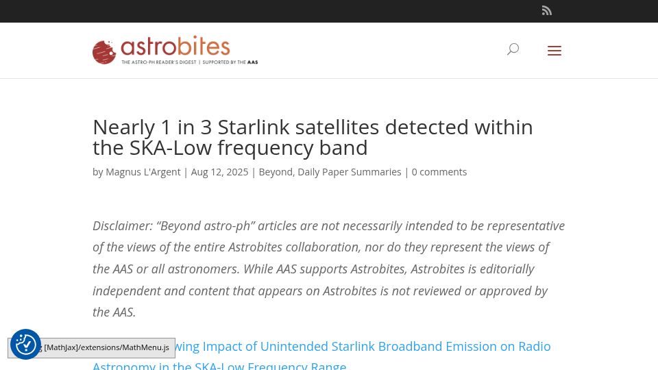Screenshot of astrobites.org: Nearly 1 in 3 Starlink satellites detected within the SKA-Low frequency band