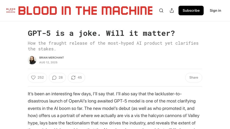 Screenshot of bloodinthemachine.com: GPT-5 is a joke. Will it matter?