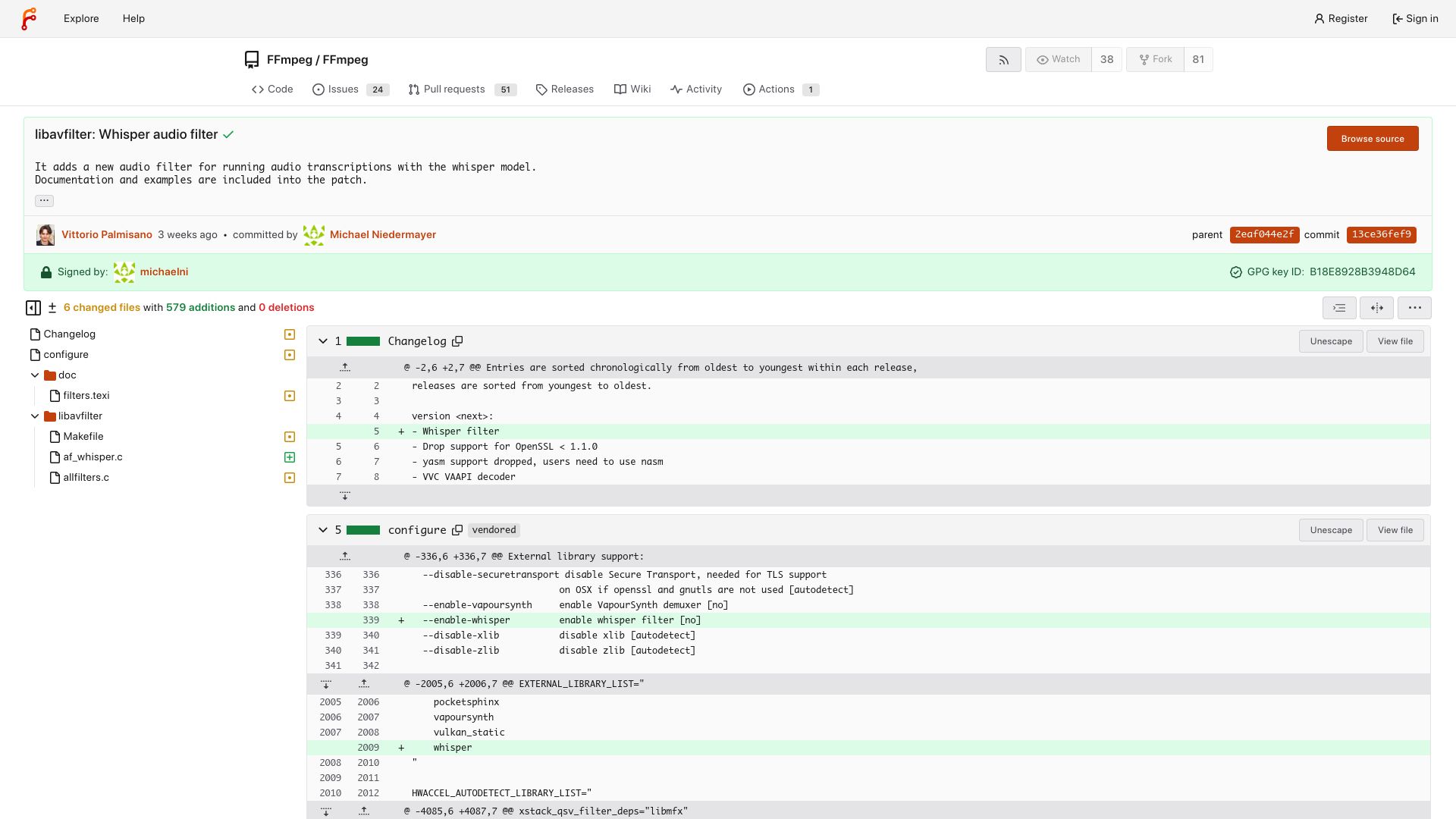 Screenshot of code.ffmpeg.org: FFmpeg 8.0 adds Whisper support