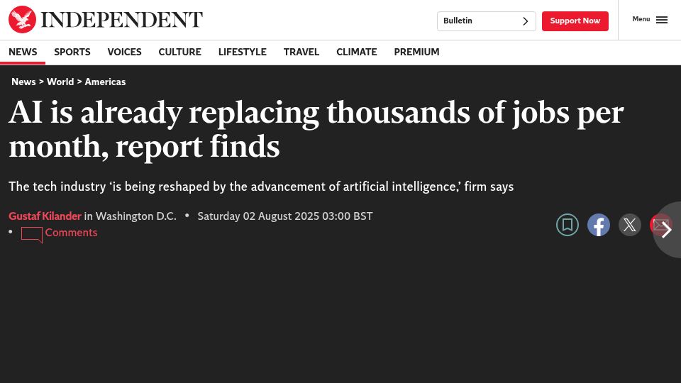Screenshot of independent.co.uk: AI is already replacing thousands of jobs per month, report finds