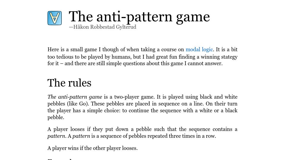 Screenshot of hakon.gylterud.net: The Anti-Pattern Game