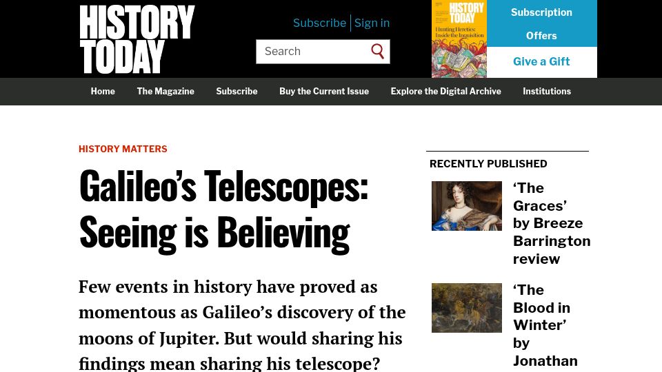 Screenshot of historytoday.com: Galileo’s telescopes: Seeing is believing (2010)