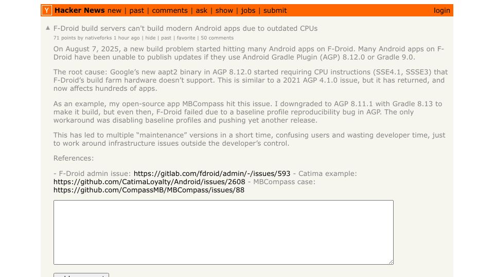 Screenshot of Hacker News post: F-Droid build servers can't build modern Android apps due to outdated CPUs