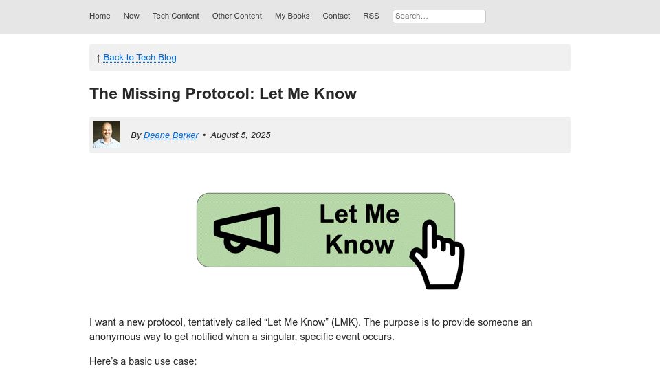 Screenshot of deanebarker.net: The Missing Protocol: Let Me Know