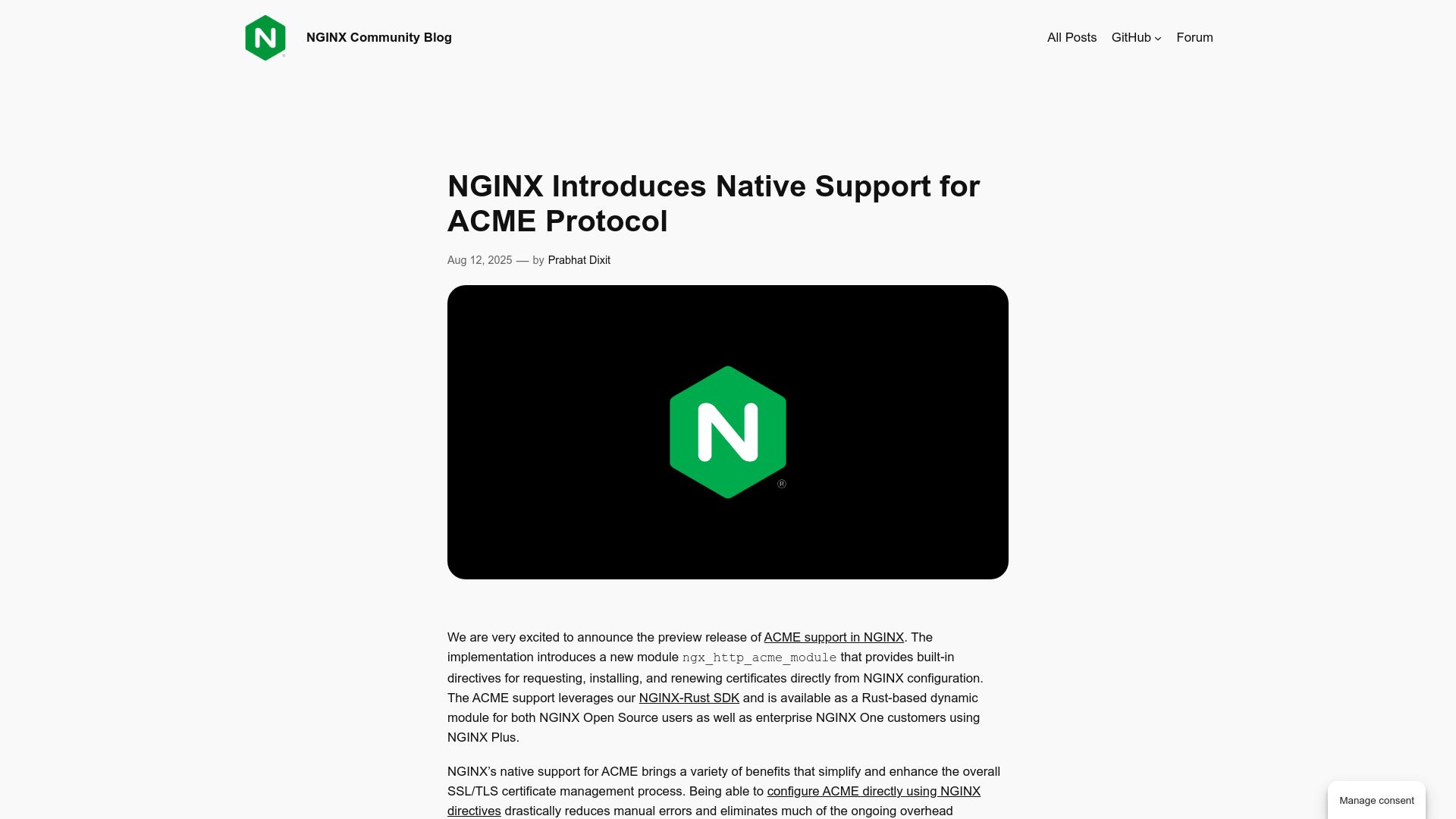 Screenshot of blog.nginx.org: Nginx introduces native support for ACME protocol