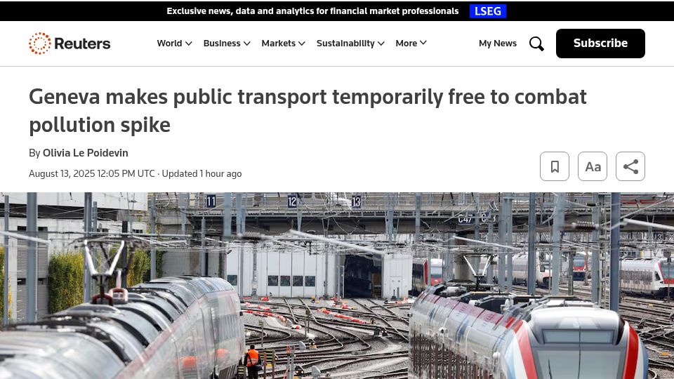 Screenshot of reuters.com: Geneva makes public transport temporarily free to combat pollution spike