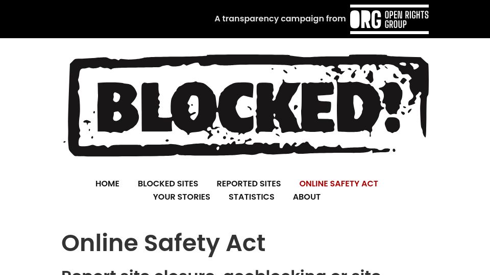 Screenshot of blocked.org.uk: Online Safety Act – shutdowns and site blocks