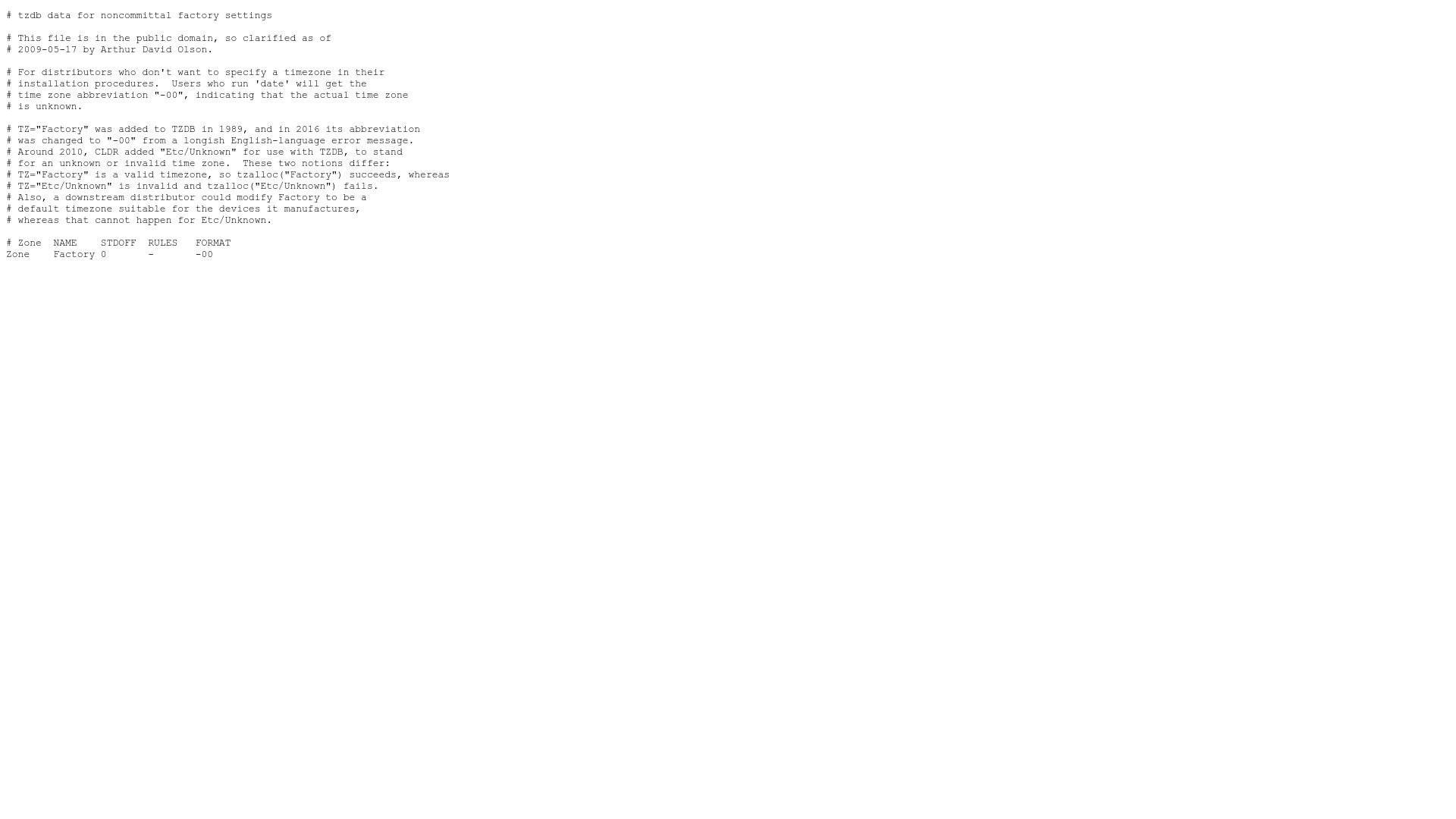 Screenshot of data.iana.org: The Factory Timezone
