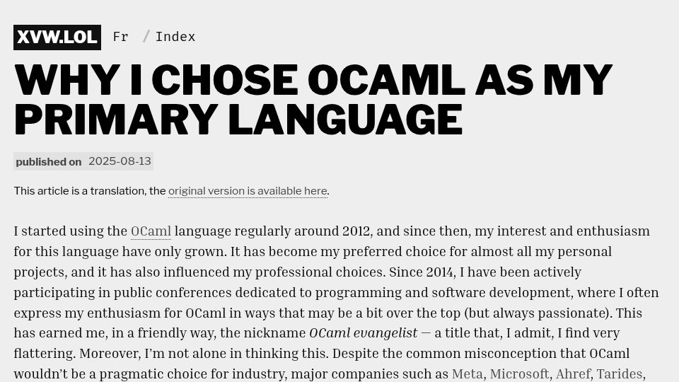 Screenshot of xvw.lol: OCaml as my primary language