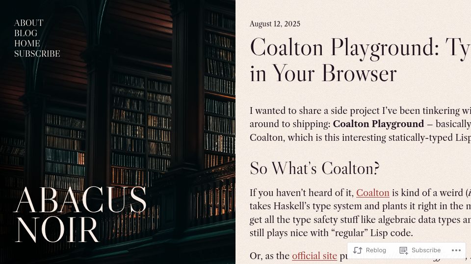Screenshot of abacusnoir.com: Coalton Playground: Type-Safe Lisp in the Browser
