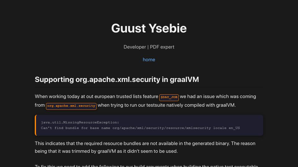 Screenshot of guust.ysebie.be: Supporting org.apache.xml.security in graalVM