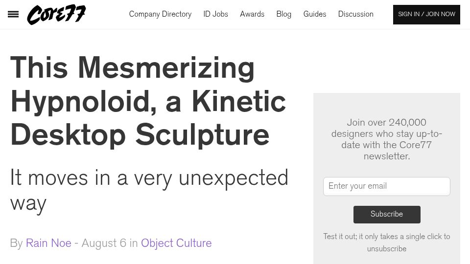 Screenshot of core77.com: Mesmerizing Hypnoloid, a Kinetic Desktop Sculpture