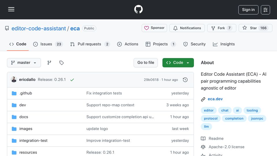 Screenshot of github.com: Eca: Editor Code Assistant – AI pair programming capabilities agnostic of editor