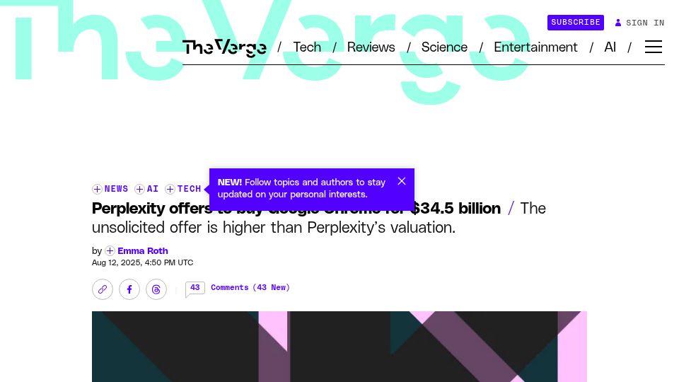 Screenshot of theverge.com: Perplexity offers to buy Google Chrome for $34.5B