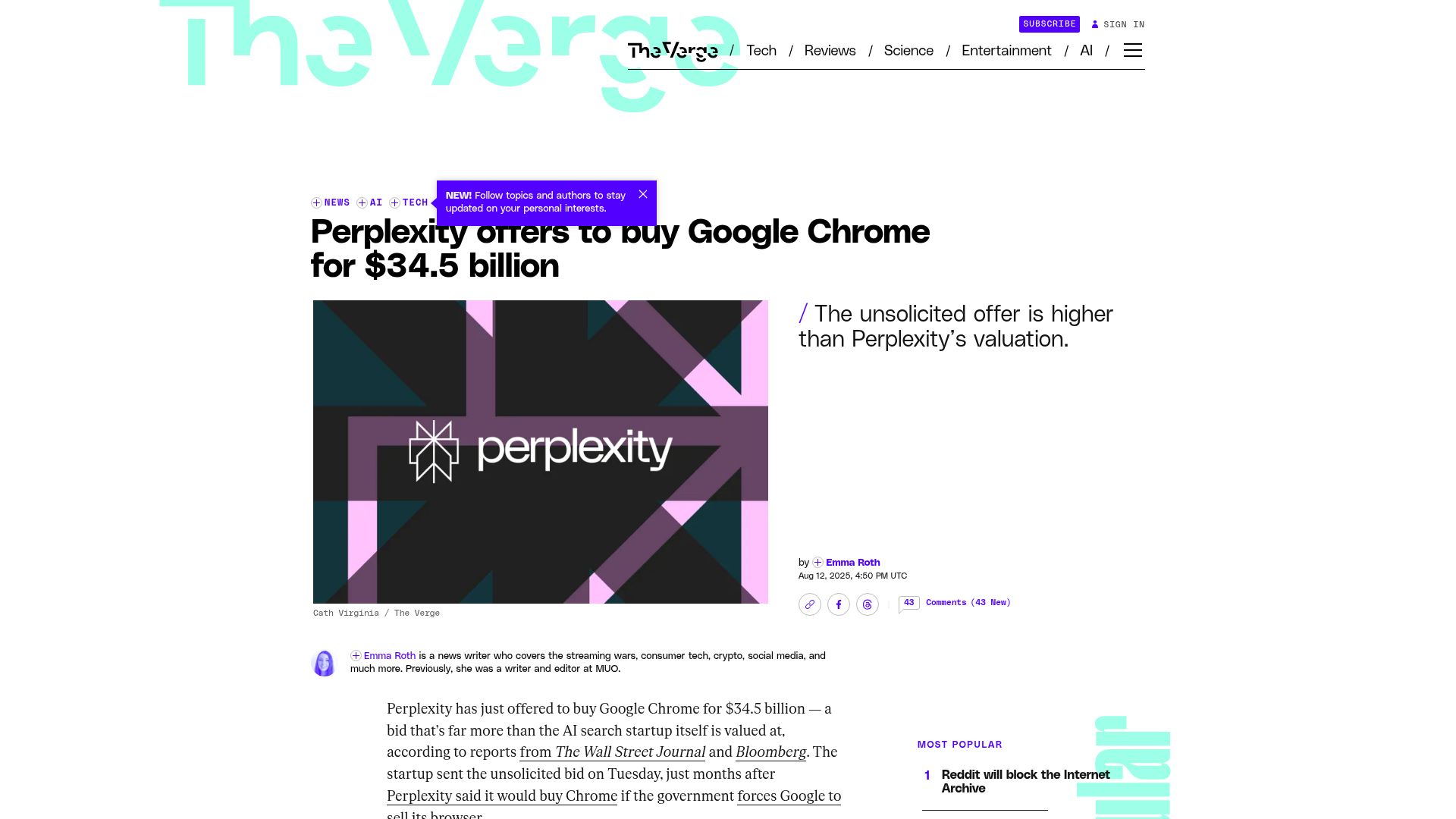 Screenshot of theverge.com: Perplexity offers to buy Google Chrome for $34.5B