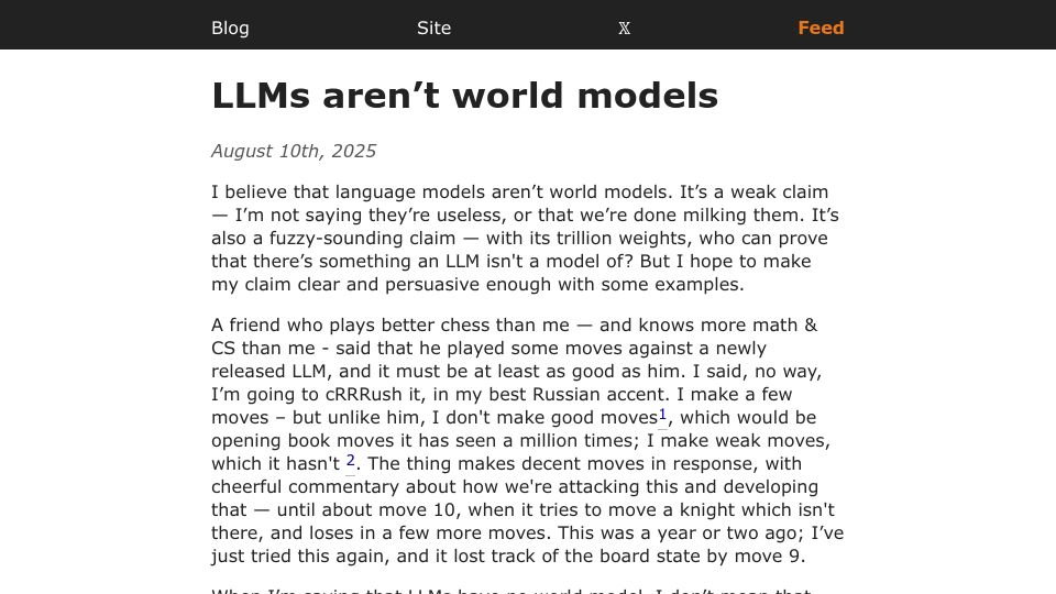 Screenshot of yosefk.com: LLMs aren't world models