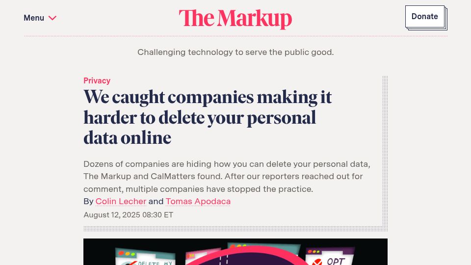 Screenshot of themarkup.org: We caught companies making it harder to delete your personal data online