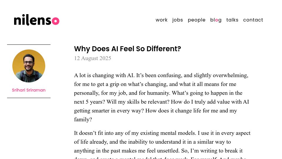 Screenshot of blog.nilenso.com: Why does AI feel so different?