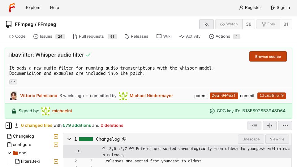 Screenshot of code.ffmpeg.org: FFmpeg 8.0 adds Whisper support