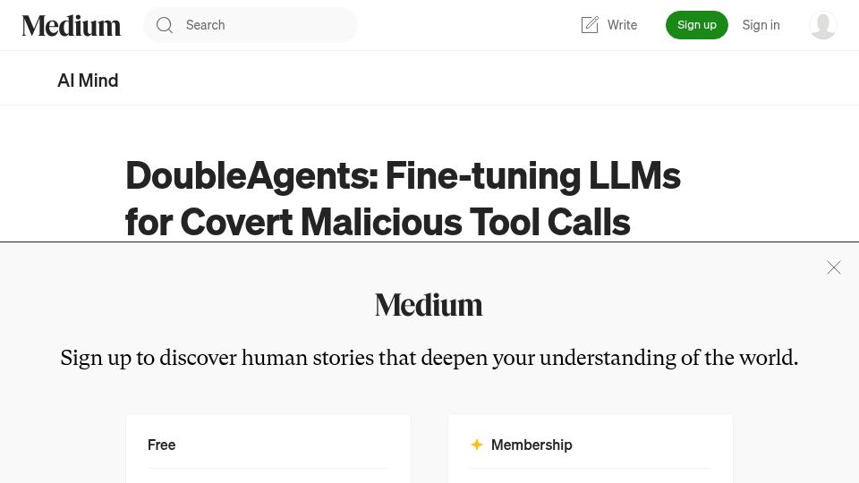 Screenshot of pub.aimind.so: DoubleAgents: Fine-Tuning LLMs for Covert Malicious Tool Calls