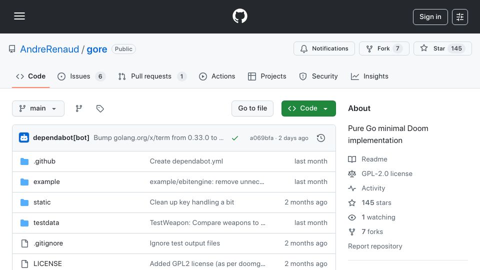 Screenshot of github.com: Show HN: Doom port to pure Go – Gore