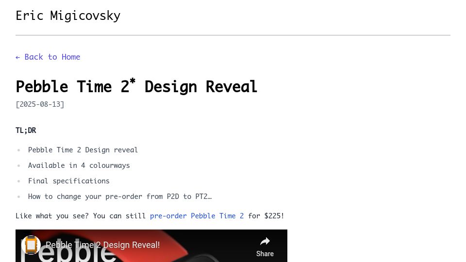 Screenshot of ericmigi.com: Pebble Time 2* Design Reveal