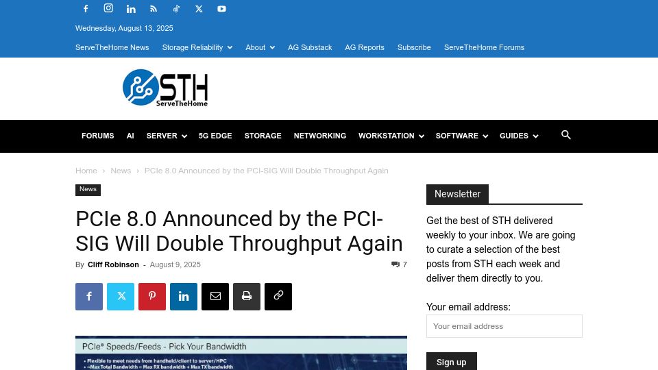 Screenshot of servethehome.com: PCIe 8.0 announced by the PCI-Sig will double throughput again