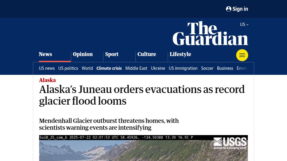 Screenshot of theguardian.com: Alaska's Juneau orders evacuations as record glacier flood looms