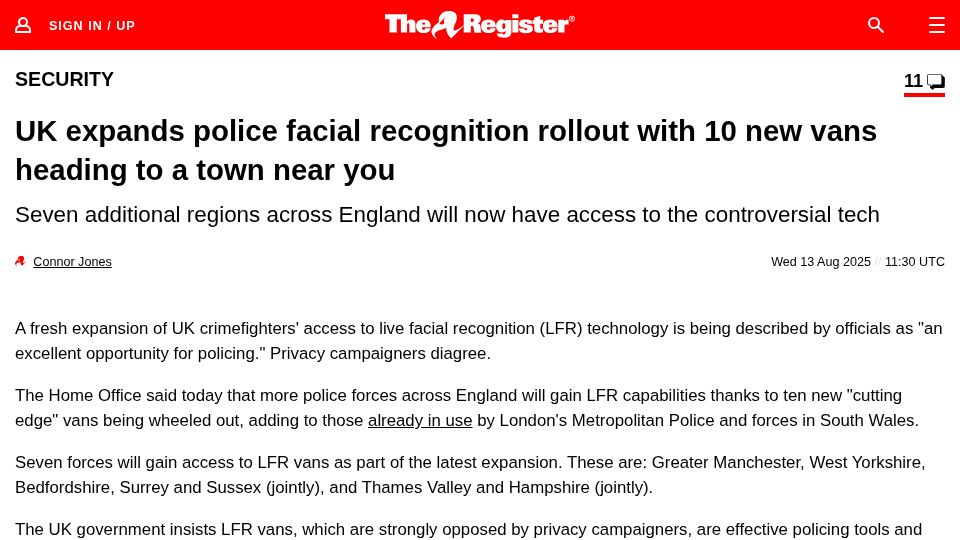 Screenshot of theregister.com: UK expands police facial recognition rollout with 10 new facial recognition vans