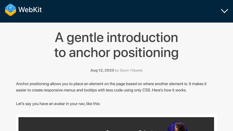 Screenshot of webkit.org: A gentle introduction to anchor positioning