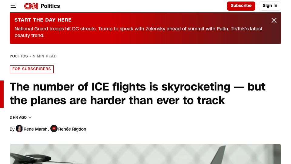 Screenshot of cnn.com: The number of ICE flights is skyrocketing – but the planes are harder to track
