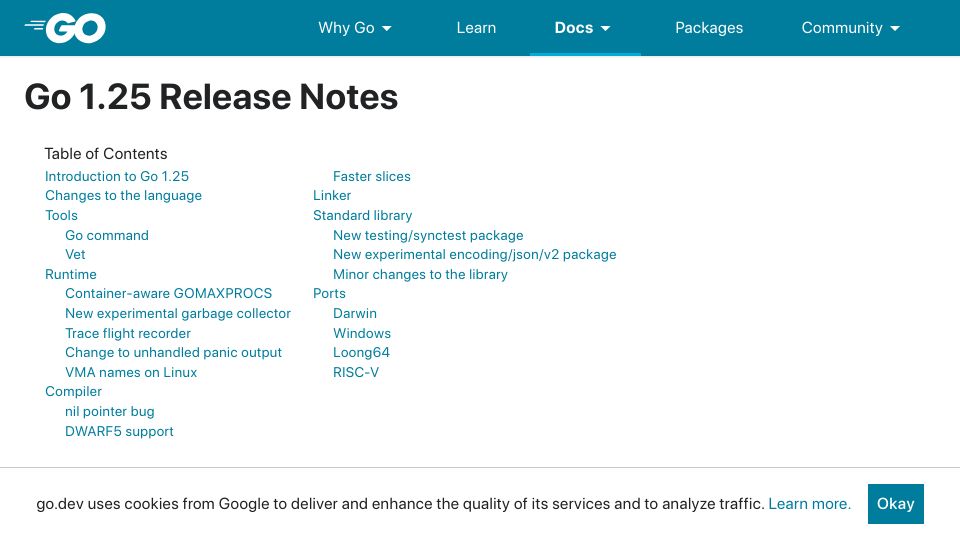 Screenshot of go.dev: Go 1.25 Release Notes