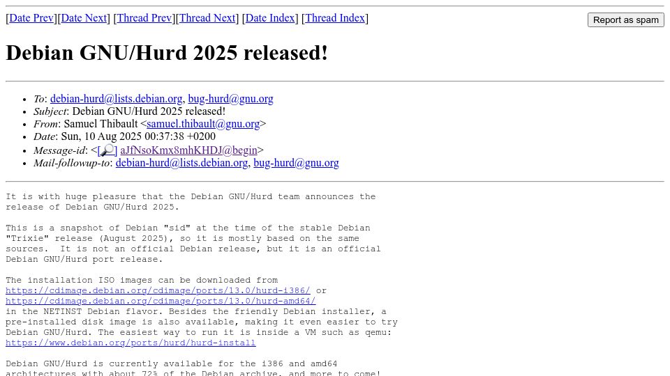 Screenshot of lists.debian.org: Debian GNU/Hurd 2025 released