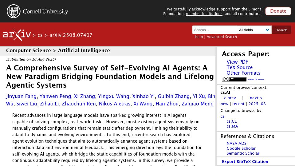 Screenshot of arxiv.org: A Comprehensive Survey of Self-Evolving AI Agents [pdf]