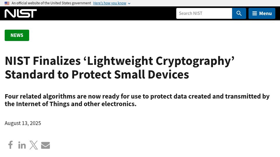 Screenshot of nist.gov: NIST Finalizes 'Lightweight Cryptography' Standard to Protect Small Devices