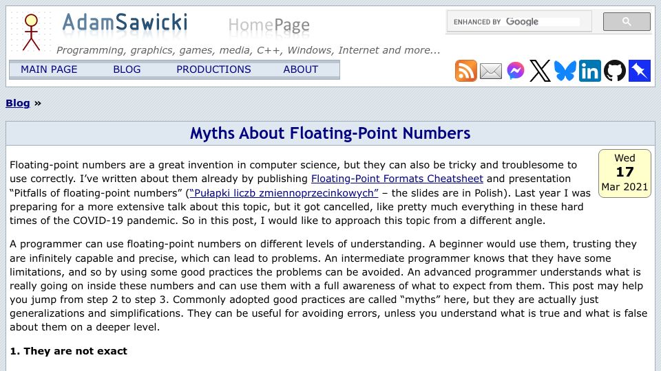 Screenshot of asawicki.info: Myths About Floating-Point Numbers (2021)