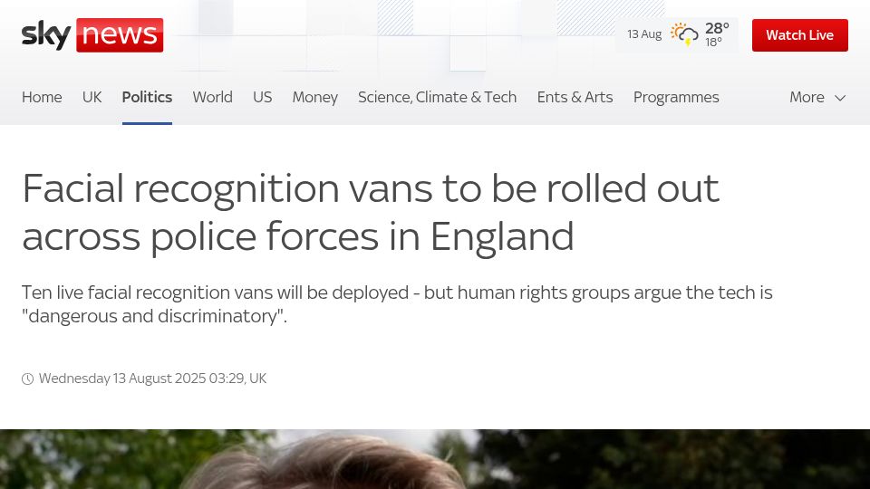 Screenshot of news.sky.com: Facial recognition vans to be rolled out across police forces in England