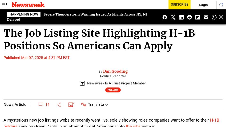 Screenshot of newsweek.com: Job Listing Site Highlighting H-1B Positions So Americans Can Apply