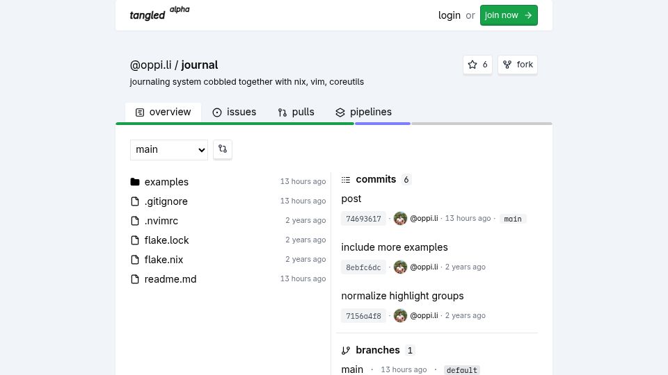 Screenshot of tangled.sh: Journaling using Nix, Vim and coreutils