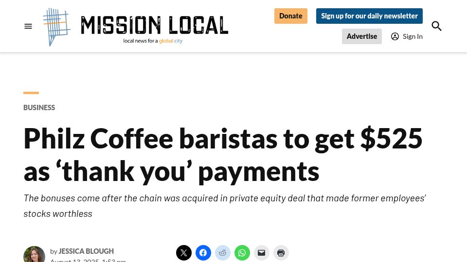 Screenshot of missionlocal.org: After losing company stock Philz Coffee baristas get $525 'thank you' payments