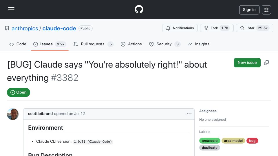 Screenshot of github.com: Claude says “You're absolutely right!” about everything