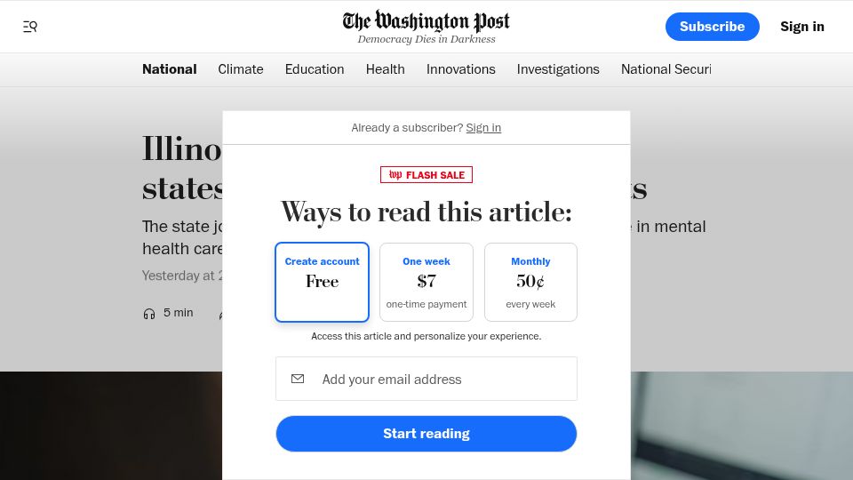 Screenshot of washingtonpost.com: Illinois limits the use of AI in therapy and psychotherapy
