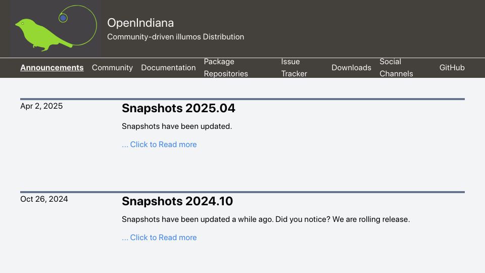 Screenshot of openindiana.org: OpenIndiana: Community-Driven Illumos Distribution