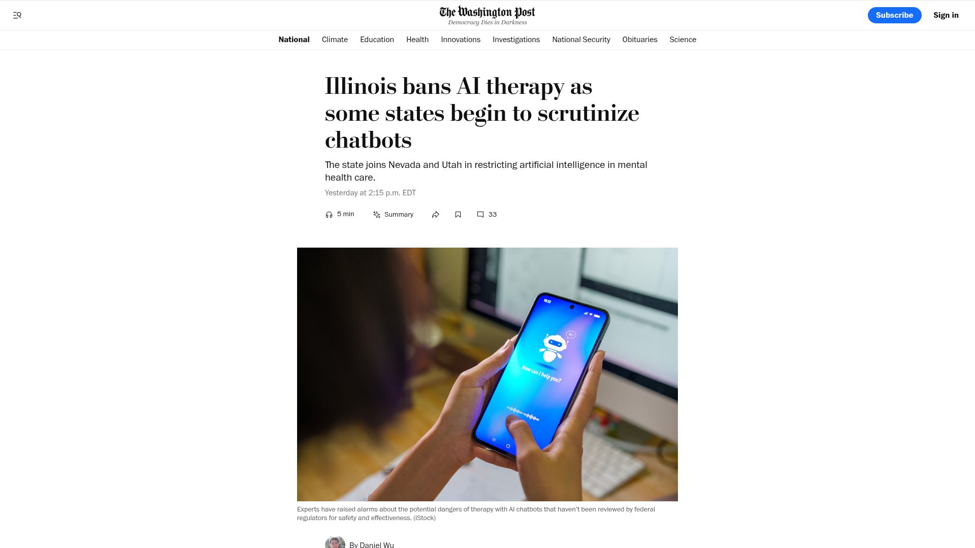 Screenshot of washingtonpost.com: Illinois limits the use of AI in therapy and psychotherapy