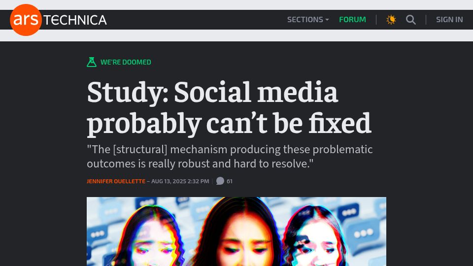 Screenshot of arstechnica.com: Study: Social media probably can't be fixed