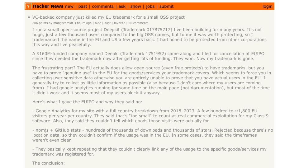 Screenshot of Hacker News post: VC-backed company just killed my EU trademark for a small OSS project