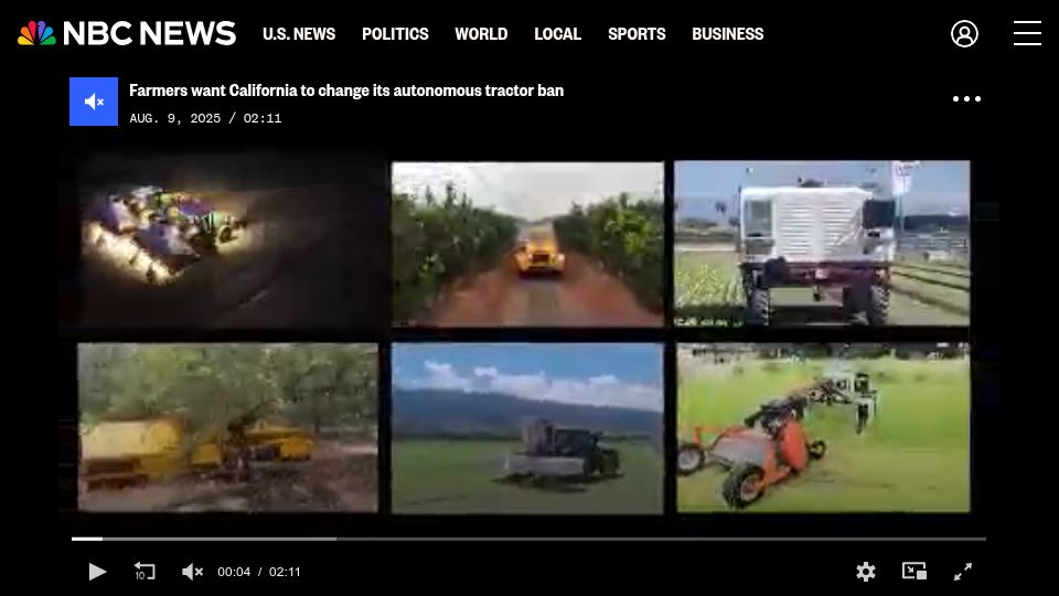 Screenshot of nbcnews.com: Farmers want California to change its autonomous tractor ban
