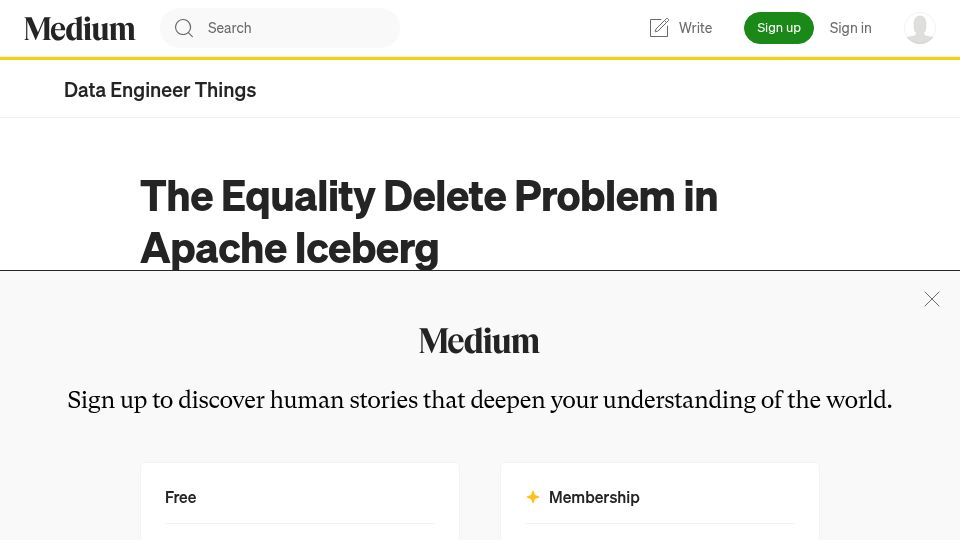 Screenshot of blog.dataengineerthings.org: The equality delete problem in Apache Iceberg